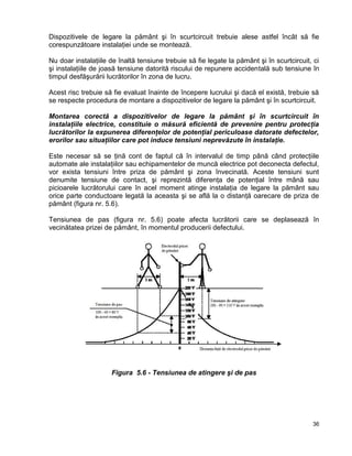 36
Dispozitivele de legare la pământ şi în scurtcircuit trebuie alese astfel încât să fie
corespunzătoare instalaţiei unde se montează.
Nu doar instalaţiile de înaltă tensiune trebuie să fie legate la pământ şi în scurtcircuit, ci
şi instalaţiile de joasă tensiune datorită riscului de repunere accidentală sub tensiune în
timpul desfăşurării lucrătorilor în zona de lucru.
Acest risc trebuie să fie evaluat înainte de începere lucrului şi dacă el există, trebuie să
se respecte procedura de montare a dispozitivelor de legare la pământ şi în scurtcircuit.
Montarea corectă a dispozitivelor de legare la pământ şi în scurtcircuit în
instalaţiile electrice, constituie o măsură eficientă de prevenire pentru protecţia
lucrătorilor la expunerea diferenţelor de potenţial periculoase datorate defectelor,
erorilor sau situaţiilor care pot induce tensiuni neprevăzute în instalaţie.
Este necesar să se ţină cont de faptul că în intervalul de timp până când protecţiile
automate ale instalaţiilor sau echipamentelor de muncă electrice pot deconecta defectul,
vor exista tensiuni între priza de pământ şi zona învecinată. Aceste tensiuni sunt
denumite tensiune de contact, şi reprezintă diferenţa de potenţial între mână sau
picioarele lucrătorului care în acel moment atinge instalaţia de legare la pământ sau
orice parte conductoare legată la aceasta şi se află la o distanţă oarecare de priza de
pământ (figura nr. 5.6).
Tensiunea de pas (figura nr. 5.6) poate afecta lucrătorii care se deplasează în
vecinătatea prizei de pământ, în momentul producerii defectului.
Figura 5.6 - Tensiunea de atingere şi de pas
 