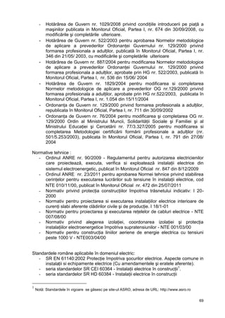 69
- Hotărârea de Guvern nr. 1029/2008 privind condiţiile introducerii pe piaţă a
maşinilor publicata in Monitorul Oficial, Partea I, nr. 674 din 30/09/2008, cu
modificările şi completările ulterioare.
- Hotărârea de Guvern nr. 522/2003 pentru aprobarea Normelor metodologice
de aplicare a prevederilor Ordonanţei Guvernului nr. 129/2000 privind
formarea profesionala a adulţilor, publicată în Monitorul Oficial, Partea I, nr.
346 din 21/05/ 2003, cu modificările şi completările ulterioare
- Hotărârea de Guvern nr. 887/2004 pentru modificarea Normelor metodologice
de aplicare a prevederilor Ordonanţei Guvernului nr. 129/2000 privind
formarea profesionala a adulţilor, aprobate prin HG nr. 522/2003, publicată în
Monitorul Oficial, Partea I, nr. 536 din 15/06/ 2004
- Hotărârea de Guvern nr. 1829/2004 pentru modificarea si completarea
Normelor metodologice de aplicare a prevederilor OG nr.129/2000 privind
formarea profesionala a adulţilor, aprobate prin HG nr.522/2003, publicata în
Monitorul Oficial, Partea I, nr. 1.054 din 15/11/2004
- Ordonanţa de Guvern nr. 129/2000 privind formarea profesionala a adulţilor,
republicata în Monitorul Oficial, Partea I, nr. 711 din 30/09/2002
- Ordonanţa de Guvern nr. 76/2004 pentru modificarea şi completarea OG nr.
129/2000 Ordin al Ministrului Muncii, Solidarităţii Sociale şi Familiei şi al
Ministrului Educaţiei şi Cercetării nr. 77/3.327/2005 pentru modificarea si
completarea Metodologiei certificării formării profesionale a adulţilor (nr.
501/5.253/2003), publicata în Monitorul Oficial, Partea I, nr. 791 din 27/08/
2004
Normative tehnice :
- Ordinul ANRE nr. 90/2009 - Regulamentul pentru autorizarea electricienilor
care proiectează, executa, verifica si exploatează instalaţii electrice din
sistemul electroenergetic, publicat în Monitorul Oficial nr. 847 din 8/12/2009
- Ordinul ANRE nr. 23/2011 pentru aprobarea Normei tehnice privind stabilirea
cerinţelor pentru executarea lucrărilor sub tensiune în instalaţii electrice, cod
NTE 010/11/00, publicat în Monitorul Oficial nr. 472 din 25/07/2011
- Normativ privind protecţia construcţiilor împotriva trăsnetului indicativ: I 20-
2000
- Normativ pentru proiectarea si executarea instalaţiilor electrice interioare de
curenţi slabi aferente clădirilor civile şi de producţie. I 18/1-01
- Normativ pentru proiectarea şi executarea reţelelor de cabluri electrice - NTE
007/08/00
- Normativ privind alegerea izolaţiei, coordonarea izolaţiei şi protecţia
instalaţiilor electroenergetice împotriva supratensiunilor - NTE 001/03/00
- Normativ pentru construcţia liniilor aeriene de energie electrica cu tensiuni
peste 1000 V - NTE003/04/00
Standardele române aplicabile în domeniul electric:
- SR EN 61140:2002 Protecţie împotriva şocurilor electrice. Aspecte comune in
instalații si echipamente electrice (Cu amendamentele şi eratele aferente).
- seria standardelor SR CEI 60364 - Instalaţii electrice în construcţii1
.
- seria standardelor SR HD 60384 - Instalaţii electrice în construcţii
1
Notă: Standardele în vigoare se găsesc pe site-ul ASRO, adresa de URL: http://www.asro.ro
 