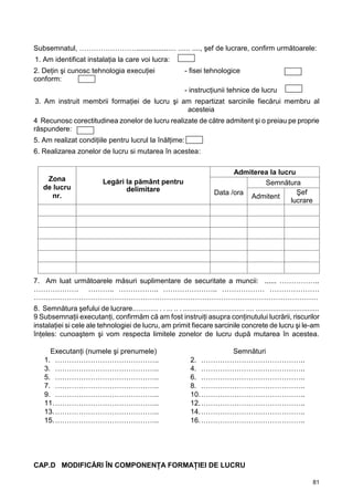 81
Subsemnatul, …………………….................... ...... ...., şef de lucrare, confirm următoarele:
1. Am identificat instalaţia la care voi lucra:
2. Deţin şi cunosc tehnologia execuţiei
conform:
- fisei tehnologice
- instrucţiunii tehnice de lucru
3. Am instruit membrii formaţiei de lucru şi am repartizat sarcinile fiecărui membru al
acesteia
4 Recunosc corectitudinea zonelor de lucru realizate de către admitent şi o preiau pe proprie
răspundere:
5. Am realizat condiţiile pentru lucrul la înălţime:
6. Realizarea zonelor de lucru si mutarea în acestea:
Zona
de lucru
nr.
Legări la pământ pentru
delimitare
Admiterea la lucru
Data /ora
Semnătura
Admitent
Şef
lucrare
7. Am luat următoarele măsuri suplimentare de securitate a muncii: ...... ……………..
………………. ……….. …………….. ………………….. ……………… …………………
…………………………………………………………………………………………………………
8. Semnătura şefului de lucrare............. . . ... .. . ............................... .... .................................
9 Subsemnaţii executanţi, confirmăm că am fost instruiţi asupra conţinutului lucrării, riscurilor
instalaţiei si cele ale tehnologiei de lucru, am primit fiecare sarcinile concrete de lucru şi le-am
înţeles: cunoaştem şi vom respecta limitele zonelor de lucru după mutarea în acestea.
Executanţi (numele şi prenumele) Semnături
1. …………………………………….. 2. ……………………………………..
3. …………………………………….. 4. ……………………………………..
5. …………………………………….. 6. ……………………………………..
7. …………………………………….. 8. ……………………………………..
9. …………………………………….. 10.……………………………………..
11.…………………………………….. 12.……………………………………..
13.…………………………………….. 14.……………………………………..
15.…………………………………….. 16.……………………………………..
CAP.D MODIFICĂRI ÎN COMPONENŢA FORMAŢIEI DE LUCRU
 