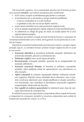 4
Atît structurile cognitive, cît și competențele specifice pot fi formate pe baza
unor anumite atitudini, care trebuie manifestate prin următoarele:
• să fii curios, receptiv și întotdeauna gata pentru a cunoaște;
• să inventariezi tot ce știi pentru a începe studierea problemei:
– ce știi cu certitudine și ce ai de verificat;
– ce gîndești că știi, dar nu ești pe deplin convins;
• să pui mereu întrebări și să cauți permanent răspuns la ele;
• să nu te aștepți să găsești prea repede răspuns la toate întrebările puse;
• să colaborezi cu colegii de grup, de clasă, să asculți opinia lor și să-ți
exprimi părerea proprie.
În continuare prezentăm cerințele privind nivelul de formare a sistemului de
cunoștințe fundamentale care se referă, atît la general, cît și la particular, la o uni-
tate de învățare.
Sistemul de cunoștințe fundamentale prezentat prin noțiuni, concepte, reguli,
principii, legi etc. se consideră format/ asimilat/ însușit/ stăpînit de elev în cazul
în care acesta:
• Sesizează/ identifică și asimilează atributele esențiale/ definitorii ale
termenului științific, precum și extensiunea lui;
• Definește/ explică corect acest sistem științific;
• Reconstruiește conceptul științific, pornind de la componentele lui
esențiale, definitorii;
• Sesizează caracterul dinamic al formării și utilizării conceptului
științific, adică stabilește relații de supraordonare sau subordonare cu
alte concepte;
• Aplică conceptul în contexte situaționale diferite, realizează transfe-
ruri cognitive, datorită cărora achizițiile devin dinamice, ceea ce per-
mite rezolvarea ulterioară unor situații-problemă și situații semnifica-
tive funcționale, care contribuie la dezvoltarea structurilor cognitive/
competențelor intelectuale ale elevului.
• Este capabil să realizeze generalizări în interiorul unor clase de con-
cepte determinate de conceptul dat.
În tabelul de mai jos este reprezentată corespondența dintre etapele de formare
a competenței de cunoaștere științifică și structura conținutului unei unități de
învățare din manualul de „Fizică”, cl. a VII-a.
 