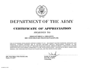 Brian Ghilliotti: Certificate of Appreciation for Service in Iraq: 192nd MP Bn