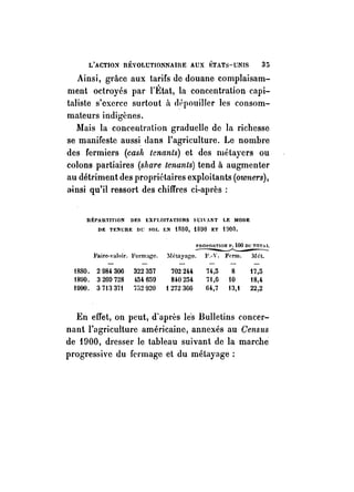 L'ACTIO~ nÉVOT.1JTIONNAInE AUX IhATS-UNIS 35 
Ainsi, grâce aux tarifs de douane complaisam­ment 
octroyés par l'État, la concentration capi­taliste 
s'exerce surtout il d(~pouiller les consom­mateurs 
indigènes. 
Mais la concentration graduelle de la richesse 
se manifeste aussi dans l'agriculture. Le nombre 
des fermiers (cash tenants) et des métayers ou 
colons partiaires (share tenants) tend à augmenter 
au détriment des propriétaires exploitants (owners) , 
ainsi qu'il ressort des chiffres ci-après: 
RÉPARTITION DES EXPI.OITATIONS SU1".~T I.E MODE 
-PRO-PO-RT-ION- p-.lO-O D-U '-tOT­Al. 
DE TENIJRE D(; 801. EN U!80, 1890 ET i !lOO. 
}o'airo-yuloir. FOl·m:lgo. Métayago. l'.-V. Ferm. Mét. 
1880. 2984306 322357 7022U 74,5 8 17,5 
1890. 3269728 ·i54 659 840254 71,6 JO 18,4 
1900. 3713371 752920 t 272 366 64,7 13,1 22,2 
En eITet, on peut, d'après le's Bulletins concer­nant 
l'agriculture américaine, annexés au Censlts 
de 1900, dresser le tableau suivant de la marche 
progressive du fermage et du métayage; 
 