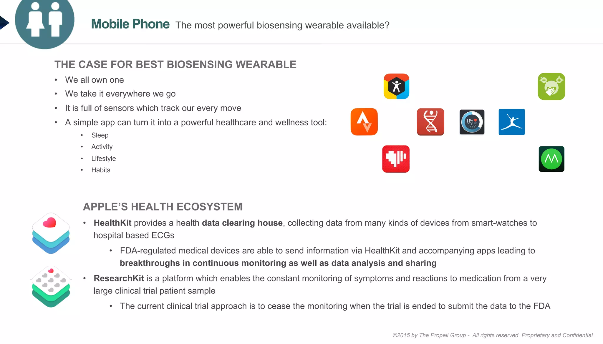 ©2015 by The Propell Group - All rights reserved. Proprietary and Confidential.
APPLE’S HEALTH ECOSYSTEM
•  HealthKit provides a health data clearing house, collecting data from many kinds of devices from smart-watches to
hospital based ECGs
•  FDA-regulated medical devices are able to send information via HealthKit and accompanying apps leading to
breakthroughs in continuous monitoring as well as data analysis and sharing
•  ResearchKit is a platform which enables the constant monitoring of symptoms and reactions to medication from a very
large clinical trial patient sample
•  The current clinical trial approach is to cease the monitoring when the trial is ended to submit the data to the FDA
THE CASE FOR BEST BIOSENSING WEARABLE
•  We all own one
•  We take it everywhere we go
•  It is full of sensors which track our every move
•  A simple app can turn it into a powerful healthcare and wellness tool:
•  Sleep
•  Activity
•  Lifestyle
•  Habits
Mobile Phone The most powerful biosensing wearable available?
 