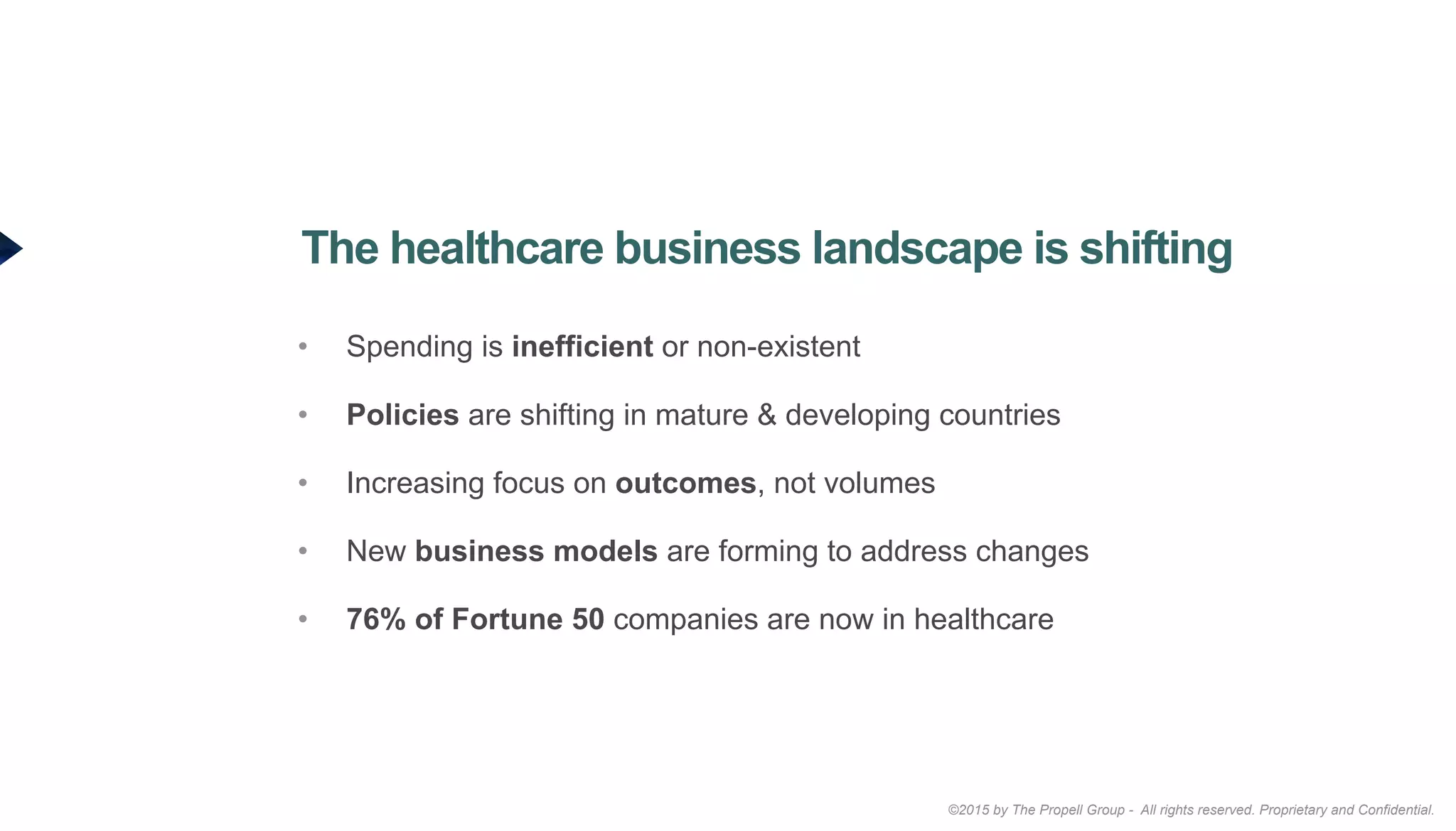 ©2015 by The Propell Group - All rights reserved. Proprietary and Confidential.
•  Spending is inefficient or non-existent
•  Policies are shifting in mature & developing countries
•  Increasing focus on outcomes, not volumes
•  New business models are forming to address changes
•  76% of Fortune 50 companies are now in healthcare
The healthcare business landscape is shifting
 