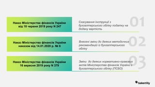 01
02
03
Наказ Міністерства фінансів України
від 18 червня 2019 року N 247
Наказ Міністерства фінансів України
16 вересня 2019 року N 379
Скасування Інструкції з
бухгалтерського обліку податку на
додану вартість
Зміни до деяких нормативно-правових
актів Міністерства фінансів України з
бухгалтерського обліку (ПСБО)
Наказ Міністерства фінансів України
наказом від 14.01.2020 р. № 6
Внесені зміни до деяких методичних
рекомендацій із бухгалтерського
обліку
 