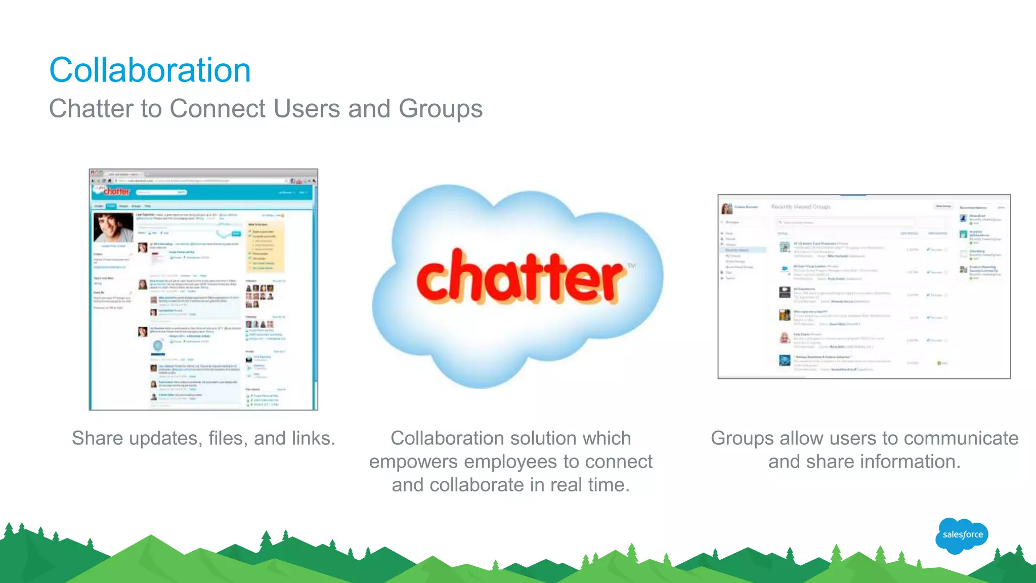 Collaboration
Chatter to Connect Users and Groups
Share updates, files, and links. Collaboration solution which
empowers employees to connect
and collaborate in real time.
Groups allow users to communicate
and share information.
 