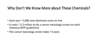 Why Don’t We Know More about These Chemicals?
• Each year ~1,000 new chemicals come on line
• It costs ~ $ 2 million to do a cancer toxicology screen on each
chemical (NTP guidelines)
• The cancer toxicology screen takes ~2 years
 