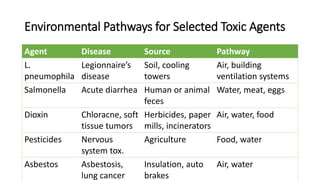 Environmental Pathways for Selected Toxic Agents
Agent Disease Source Pathway
L.
pneumophila
Legionnaire’s
disease
Soil, cooling
towers
Air, building
ventilation systems
Salmonella Acute diarrhea Human or animal
feces
Water, meat, eggs
Dioxin Chloracne, soft
tissue tumors
Herbicides, paper
mills, incinerators
Air, water, food
Pesticides Nervous
system tox.
Agriculture Food, water
Asbestos Asbestosis,
lung cancer
Insulation, auto
brakes
Air, water
 