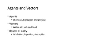 Agents and Vectors
• Agents
• Chemical, biological, and physical
• Vectors
• Water, air, soil, and food
• Routes of entry
• Inhalation, ingestion, absorption
 