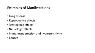 Examples of Manifestations
• Lung disease
• Reproductive effects
• Teratogenic effects
• Neurologic effects
• Immunosuppression and hypersensitivity
• Cancer
 