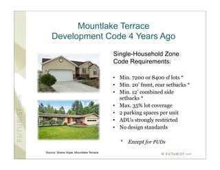 Mountlake Terrace
    Development Code 4 Years Ago
                                        Single-Household Zone
                                        Code Requirements:

                                        • Min. 7200 or 8400 sf lots *
                                        • Min. 20’ front, rear setbacks *
                                        • Min. 12’ combined side
                                          setbacks *
                                        • Max. 35% lot coverage
                                        • 2 parking spaces per unit
                                        • ADUs strongly restricted
                                        • No design standards

                                           * Except for PUDs
Source: Shane Hope, Mountlake Terrace
                                                            ©
 