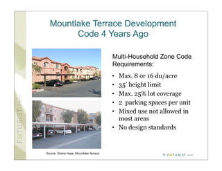 Mountlake Terrace Development
        Code 4 Years Ago

                                        Multi-Household Zone Code
                                        Requirements:
                                        • Max. 8 or 16 du/acre
                                        • 35’ height limit
                                        • Max. 25% lot coverage
                                        • 2 parking spaces per unit
                                        • Mixed use not allowed in
                                          most areas
                                        • No design standards


Source: Shane Hope, Mountlake Terrace
                                                         ©
 