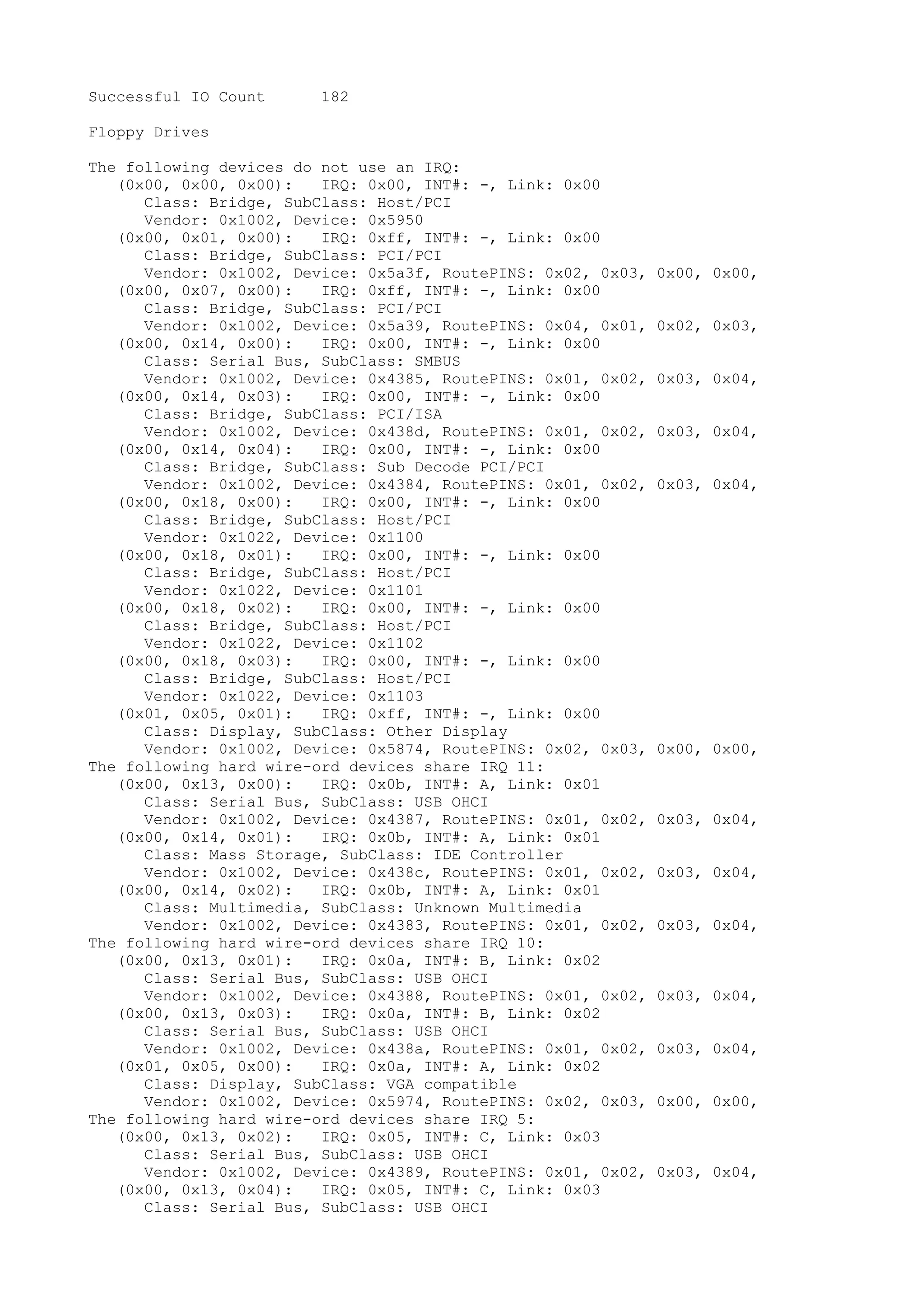 Successful IO Count      182

Floppy Drives

The following devices do not use an IRQ:
   (0x00, 0x00, 0x00):   IRQ: 0x00, INT#: -, Link: 0x00
      Class: Bridge, SubClass: Host/PCI
      Vendor: 0x1002, Device: 0x5950
   (0x00, 0x01, 0x00):   IRQ: 0xff, INT#: -, Link: 0x00
      Class: Bridge, SubClass: PCI/PCI
      Vendor: 0x1002, Device: 0x5a3f, RoutePINS: 0x02, 0x03,   0x00, 0x00,
   (0x00, 0x07, 0x00):   IRQ: 0xff, INT#: -, Link: 0x00
      Class: Bridge, SubClass: PCI/PCI
      Vendor: 0x1002, Device: 0x5a39, RoutePINS: 0x04, 0x01,   0x02, 0x03,
   (0x00, 0x14, 0x00):   IRQ: 0x00, INT#: -, Link: 0x00
      Class: Serial Bus, SubClass: SMBUS
      Vendor: 0x1002, Device: 0x4385, RoutePINS: 0x01, 0x02,   0x03, 0x04,
   (0x00, 0x14, 0x03):   IRQ: 0x00, INT#: -, Link: 0x00
      Class: Bridge, SubClass: PCI/ISA
      Vendor: 0x1002, Device: 0x438d, RoutePINS: 0x01, 0x02,   0x03, 0x04,
   (0x00, 0x14, 0x04):   IRQ: 0x00, INT#: -, Link: 0x00
      Class: Bridge, SubClass: Sub Decode PCI/PCI
      Vendor: 0x1002, Device: 0x4384, RoutePINS: 0x01, 0x02,   0x03, 0x04,
   (0x00, 0x18, 0x00):   IRQ: 0x00, INT#: -, Link: 0x00
      Class: Bridge, SubClass: Host/PCI
      Vendor: 0x1022, Device: 0x1100
   (0x00, 0x18, 0x01):   IRQ: 0x00, INT#: -, Link: 0x00
      Class: Bridge, SubClass: Host/PCI
      Vendor: 0x1022, Device: 0x1101
   (0x00, 0x18, 0x02):   IRQ: 0x00, INT#: -, Link: 0x00
      Class: Bridge, SubClass: Host/PCI
      Vendor: 0x1022, Device: 0x1102
   (0x00, 0x18, 0x03):   IRQ: 0x00, INT#: -, Link: 0x00
      Class: Bridge, SubClass: Host/PCI
      Vendor: 0x1022, Device: 0x1103
   (0x01, 0x05, 0x01):   IRQ: 0xff, INT#: -, Link: 0x00
      Class: Display, SubClass: Other Display
      Vendor: 0x1002, Device: 0x5874, RoutePINS: 0x02, 0x03,   0x00, 0x00,
The following hard wire-ord devices share IRQ 11:
   (0x00, 0x13, 0x00):   IRQ: 0x0b, INT#: A, Link: 0x01
      Class: Serial Bus, SubClass: USB OHCI
      Vendor: 0x1002, Device: 0x4387, RoutePINS: 0x01, 0x02,   0x03, 0x04,
   (0x00, 0x14, 0x01):   IRQ: 0x0b, INT#: A, Link: 0x01
      Class: Mass Storage, SubClass: IDE Controller
      Vendor: 0x1002, Device: 0x438c, RoutePINS: 0x01, 0x02,   0x03, 0x04,
   (0x00, 0x14, 0x02):   IRQ: 0x0b, INT#: A, Link: 0x01
      Class: Multimedia, SubClass: Unknown Multimedia
      Vendor: 0x1002, Device: 0x4383, RoutePINS: 0x01, 0x02,   0x03, 0x04,
The following hard wire-ord devices share IRQ 10:
   (0x00, 0x13, 0x01):   IRQ: 0x0a, INT#: B, Link: 0x02
      Class: Serial Bus, SubClass: USB OHCI
      Vendor: 0x1002, Device: 0x4388, RoutePINS: 0x01, 0x02,   0x03, 0x04,
   (0x00, 0x13, 0x03):   IRQ: 0x0a, INT#: B, Link: 0x02
      Class: Serial Bus, SubClass: USB OHCI
      Vendor: 0x1002, Device: 0x438a, RoutePINS: 0x01, 0x02,   0x03, 0x04,
   (0x01, 0x05, 0x00):   IRQ: 0x0a, INT#: A, Link: 0x02
      Class: Display, SubClass: VGA compatible
      Vendor: 0x1002, Device: 0x5974, RoutePINS: 0x02, 0x03,   0x00, 0x00,
The following hard wire-ord devices share IRQ 5:
   (0x00, 0x13, 0x02):   IRQ: 0x05, INT#: C, Link: 0x03
      Class: Serial Bus, SubClass: USB OHCI
      Vendor: 0x1002, Device: 0x4389, RoutePINS: 0x01, 0x02,   0x03, 0x04,
   (0x00, 0x13, 0x04):   IRQ: 0x05, INT#: C, Link: 0x03
      Class: Serial Bus, SubClass: USB OHCI
 