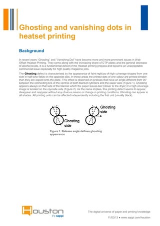 Ghosting and vanishing dots in
heatset printing
Background
In recent years “Ghosting” and “Vanishing Dot” have become more and more prominent issues in Web
Offset Heatset Printing. They come along with the increasing share of CTP plates and the general decrease
of alcohol levels. It is a fundamental defect of the Heatset printing process and became an unacceptable
commercial issue especially for high quality magazine jobs.
The Ghosting defect is characterised by the appearance of faint replicas of high coverage shapes from one
side in half tone fields on the opposite side. In these areas the printed dots of one colour are printed smaller
than they are copied onto the plate. This effect is observed on presses that have an angle different from 90°
between the connecting line of the centres of both blanket cylinders and the paper web (Figure 1). Ghosting
appears always on that side of the blanket which the paper leaves last (closer to the dryer) if a high coverage
image is located on the opposite side (Figure 2). As the name implies, this printing defect seems to appear,
disappear and reappear without any obvious reason or change in printing conditions. Ghosting can appear in
all shades. All printing units can be affected independently including the first unit (usually black).




                          Figure 1. Release angle defines ghosting
                          appearance




                                                           The digital universe of paper and printing knowledge

                                                                            11/03/13 ● www.sappi.com/houston
 