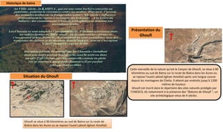 Historique de batna
Présentation du
Ghoufi
Cette merveille de la nature qu'est le Canyon de Ghoufi, se situe à 90
kilomètres au sud de Batna sur la route de Biskra dans les Aures ou
se repose l'oued Labiod (Ighzer Amellal) après une longue course
depuis les montagnes de Chelia. Il atteint par endroits jusqu'à 1200
mètres de hauteur.
Ghoufi est inscrit dans le répertoire des sites naturels protégés par
l'UNESCO, dû notamment à la présence des "Balcons de Ghoufi ", un
site archéologique vieux de 4 siècles.
Situation du Ghoufi
Ghoufi se situe à 90 kilomètres au sud de Batna sur la route de
Biskra dans les Aures ou se repose l'oued Labiod (Ighzer Amellal)
 