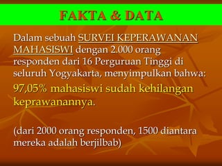 FAKTA & DATA
Dalam sebuah SURVEI KEPERAWANAN
MAHASISWI dengan 2.000 orang
responden dari 16 Perguruan Tinggi di
seluruh Yogyakarta, menyimpulkan bahwa:
97,05% mahasiswi sudah kehilangan
keprawanannya.
(dari 2000 orang responden, 1500 diantara
mereka adalah berjilbab)
 