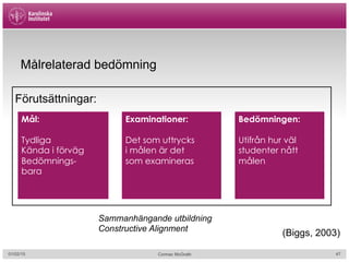 Cormac McGrath
Målrelaterad bedömning
Förutsättningar:
Mål:
Tydliga
Kända i förväg
Bedömnings-
bara
Examinationer:
Det som uttrycks
i målen är det
som examineras
Bedömningen:
Utifrån hur väl
studenter nått
målen
Sammanhängande utbildning
Constructive Alignment
(Biggs, 2003)
01/02/15 47
 