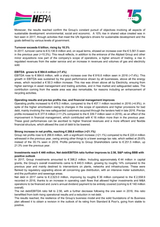 Moreover, the results reached confirm the Group’s constant pursuit of objectives involving all aspects of
sustainable development: environmental, social and economic. A 10% rise in shared value created was in
fact seen in 2017, through activities that meet the UN Agenda’s drivers for sustainable development and the
goals defined by various levels of government.
Turnover exceeds 6 billion, rising by 10.3%
In 2017, turnover came to € 6,136.9 million and, on equal terms, showed an increase over the € 5,561.5 seen
in the previous year (+10.3%). This result reflects, in addition to the entrance of the Aliplast Group and other
minor acquisitions now part of the company’s scope of operations, a higher amount of trading, a rise in
regulated revenues from the water service and an increase in revenues and volumes of gas and electricity
sold.
EBITDA grows to € 984.6 million (+7.4%)
EBITDA rose to € 984.6 million, with a sharp increase over the € 916.6 million seen in 2016 (+7.4%). This
growth in EBITDA was sustained by the good performance shown by all businesses, above all the energy
areas, which recorded a € 50.3 million increase. This rise was driven above all by Electricity, ensuing from
higher earnings in asset management and trading activities, and in free market and safeguarded sales. The
contribution coming from the waste area was also remarkable, for reasons including an enhancement of
recycling activities.
Operating results and pre-tax profits rise, and financial management improves
Operating profits increased to € 479.3 million, compared to the € 457.1 million recorded in 2016 (+4.9%), in
spite of the higher amortisation owing to changes in the scope of operations and higher provisions for bad
debt, mainly involving the new safeguarded customers acquired through the tenders held in late 2016. Pre-tax
profits increased to € 377.8 million (+11.2% compared to the € 339.7 million seen in 2016), as an effect of the
improvement in financial management, which contributed with € 16 million more than in the previous year.
These good performances can be ascribed to higher financial revenues and a more efficient and flexible
financial structure, which allowed the cost of debt to be lowered.
Strong increase in net profits, reaching € 266.8 million (+21.1%)
Group net profits rose to € 266.8 million, with a significant increase (+21.1%) compared to the € 220.4 million
witnessed in the previous year, owing among other things to a lower average tax rate, which settled at 29.6%
instead of the 35.1% seen in 2016. Profits pertaining to Group Shareholders came to € 251.5 million, up
21.3% over the previous year.
Investments reach € 440 million, Net debt/EBITDA ratio further improves to 2.56, S&P rating BBB with
positive outlook
In 2017, Group investments amounted to € 396.2 million. Including approximately € 44 million in capital
grants, the Group’s overall investments came to € 440.5 million, growing by roughly 14% compared to the
previous year and mainly destined to interventions on plants, networks and infrastructures. These were
flanked by regulatory upgrading above all concerning gas distribution, with an intensive meter substitution,
and the purification and sewerage areas.
Net debt in 2017 came to € 2,523.0 million, improving by roughly € 36 million compared to the € 2,558.9
recorded in 2016, thanks to an increase in operating cash flows that allowed higher investments and M&A
operations to be financed and June’s annual dividend payment to be entirely covered (coming to € 140 million
overall).
The net debt/EBITDA ratio fell to 2.56, with a further decrease following the one seen in 2016; this ratio
benefitted from both rising operational results and a reduction in net debt.
The results reached, the resilience of the Group’s business model and the solid foundations of its Business
plan allowed it to obtain a revision in the outlook of its rating from Standard & Poor’s, going from stable to
positive.
 