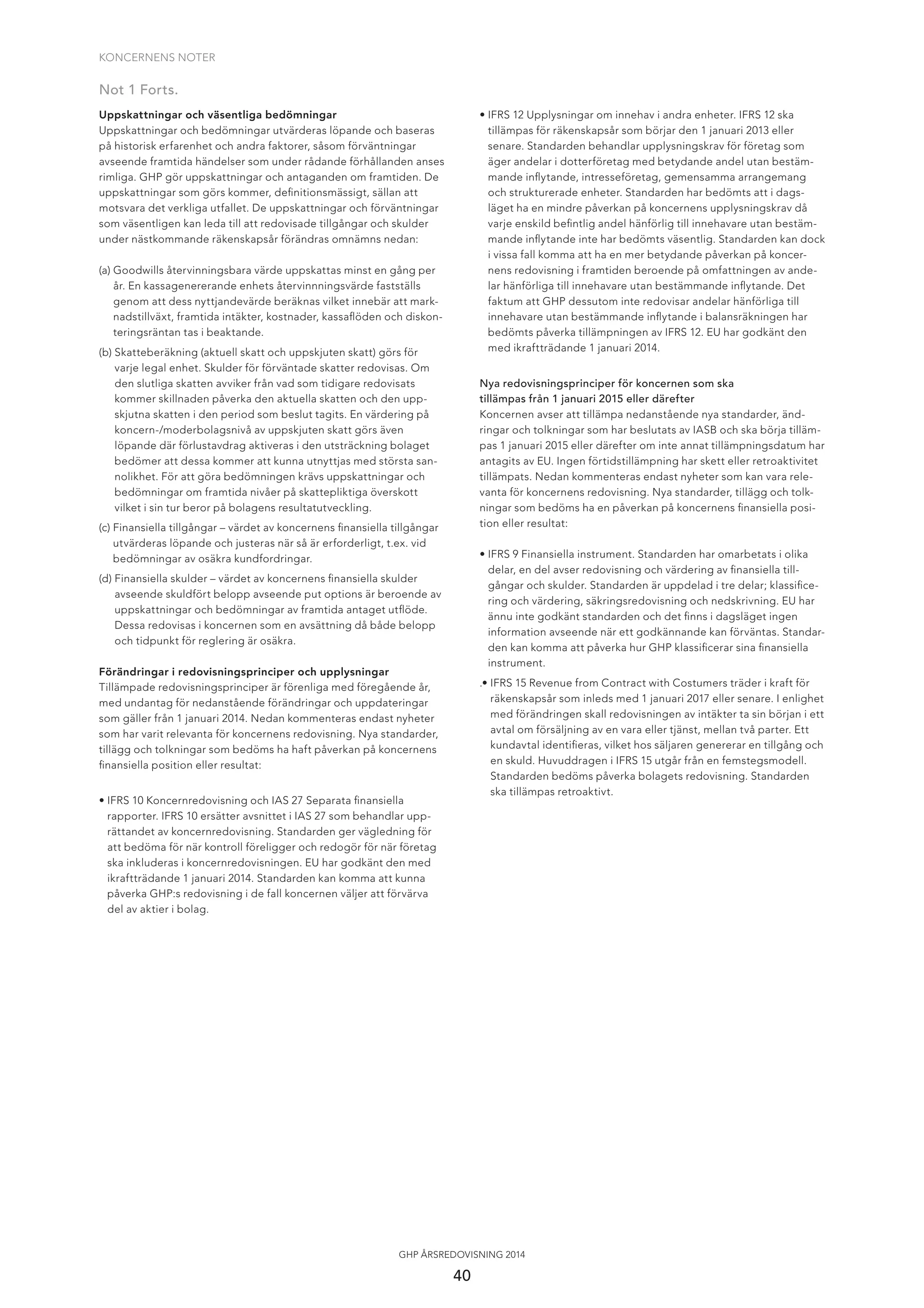 KONCERNENS NOTER
40
GHP ÅRSREDOVISNING 2014
Uppskattningar och väsentliga bedömningar
Uppskattningar och bedömningar utvärderas löpande och baseras
på historisk erfarenhet och andra faktorer, såsom förväntningar
avseende framtida händelser som under rådande förhållanden anses
rimliga. GHP gör uppskattningar och antaganden om framtiden. De
uppskattningar som görs kommer, deﬁnitionsmässigt, sällan att
motsvara det verkliga utfallet. De uppskattningar och förväntningar
som väsentligen kan leda till att redovisade tillgångar och skulder
under nästkommande räkenskapsår förändras omnämns nedan:
(a) Goodwills återvinningsbara värde uppskattas minst en gång per
år. En kassagenererande enhets återvinnningsvärde fastställs
genom att dess nyttjandevärde beräknas vilket innebär att mark-
nadstillväxt, framtida intäkter, kostnader, kassaﬂöden och diskon-
teringsräntan tas i beaktande.
(b) Skatteberäkning (aktuell skatt och uppskjuten skatt) görs för
varje legal enhet. Skulder för förväntade skatter redovisas. Om
den slutliga skatten avviker från vad som tidigare redovisats
kommer skillnaden påverka den aktuella skatten och den upp-
skjutna skatten i den period som beslut tagits. En värdering på
koncern-/moderbolagsnivå av uppskjuten skatt görs även
löpande där förlustavdrag aktiveras i den utsträckning bolaget
bedömer att dessa kommer att kunna utnyttjas med största san-
nolikhet. För att göra bedömningen krävs uppskattningar och
bedömningar om framtida nivåer på skattepliktiga överskott
vilket i sin tur beror på bolagens resultatutveckling.
(c) Finansiella tillgångar – värdet av koncernens ﬁnansiella tillgångar
utvärderas löpande och justeras när så är erforderligt, t.ex. vid
bedömningar av osäkra kundfordringar.
(d) Finansiella skulder – värdet av koncernens ﬁnansiella skulder
avseende skuldfört belopp avseende put options är beroende av
uppskattningar och bedömningar av framtida antaget utﬂöde.
Dessa redovisas i koncernen som en avsättning då både belopp
och tidpunkt för reglering är osäkra.
Förändringar i redovisningsprinciper och upplysningar
Tillämpade redovisningsprinciper är förenliga med föregående år,
med undantag för nedanstående förändringar och uppdateringar
som gäller från 1 januari 2014. Nedan kommenteras endast nyheter
som har varit relevanta för koncernens redovisning. Nya standarder,
tillägg och tolkningar som bedöms ha haft påverkan på koncernens
ﬁnansiella position eller resultat:
• IFRS 10 Koncernredovisning och IAS 27 Separata ﬁnansiella
rapporter. IFRS 10 ersätter avsnittet i IAS 27 som behandlar upp-
rättandet av koncernredovisning. Standarden ger vägledning för
att bedöma för när kontroll föreligger och redogör för när företag
ska inkluderas i koncernredovisningen. EU har godkänt den med
ikraftträdande 1 januari 2014. Standarden kan komma att kunna
påverka GHP:s redovisning i de fall koncernen väljer att förvärva
del av aktier i bolag.
Not 1 Forts.
• IFRS 12 Upplysningar om innehav i andra enheter. IFRS 12 ska
tillämpas för räkenskapsår som börjar den 1 januari 2013 eller
senare. Standarden behandlar upplysningskrav för företag som
äger andelar i dotterföretag med betydande andel utan bestäm-
mande inﬂytande, intresseföretag, gemensamma arrangemang
och strukturerade enheter. Standarden har bedömts att i dags-
läget ha en mindre påverkan på koncernens upplysningskrav då
varje enskild beﬁntlig andel hänförlig till innehavare utan bestäm-
mande inﬂytande inte har bedömts väsentlig. Standarden kan dock
i vissa fall komma att ha en mer betydande påverkan på koncer-
nens redovisning i framtiden beroende på omfattningen av ande-
lar hänförliga till innehavare utan bestämmande inﬂytande. Det
faktum att GHP dessutom inte redovisar andelar hänförliga till
innehavare utan bestämmande inﬂytande i balansräkningen har
bedömts påverka tillämpningen av IFRS 12. EU har godkänt den
med ikraftträdande 1 januari 2014.
Nya redovisningsprinciper för koncernen som ska
tillämpas från 1 januari 2015 eller därefter
Koncernen avser att tillämpa nedanstående nya standarder, änd-
ringar och tolkningar som har beslutats av IASB och ska börja tilläm-
pas 1 januari 2015 eller därefter om inte annat tillämpningsdatum har
antagits av EU. Ingen förtidstillämpning har skett eller retroaktivitet
tillämpats. Nedan kommenteras endast nyheter som kan vara rele-
vanta för koncernens redovisning. Nya standarder, tillägg och tolk-
ningar som bedöms ha en påverkan på koncernens ﬁnansiella posi-
tion eller resultat:
• IFRS 9 Finansiella instrument. Standarden har omarbetats i olika
delar, en del avser redovisning och värdering av ﬁnansiella till-
gångar och skulder. Standarden är uppdelad i tre delar; klassiﬁce-
ring och värdering, säkringsredovisning och nedskrivning. EU har
ännu inte godkänt standarden och det ﬁnns i dagsläget ingen
information avseende när ett godkännande kan förväntas. Standar-
den kan komma att påverka hur GHP klassiﬁcerar sina ﬁnansiella
instrument.
.• IFRS 15 Revenue from Contract with Costumers träder i kraft för
räkenskapsår som inleds med 1 januari 2017 eller senare. I enlighet
med förändringen skall redovisningen av intäkter ta sin början i ett
avtal om försäljning av en vara eller tjänst, mellan två parter. Ett
kundavtal identiﬁeras, vilket hos säljaren genererar en tillgång och
en skuld. Huvuddragen i IFRS 15 utgår från en femstegsmodell.
Standarden bedöms påverka bolagets redovisning. Standarden
ska tillämpas retroaktivt.
 