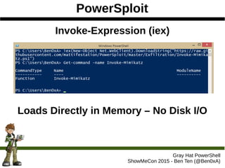 PowerSploit
Gray Hat PowerShell
ShowMeCon 2015 - Ben Ten (@Ben0xA)
Invoke-Expression (iex)
Loads Directly in Memory – No Disk I/O
 