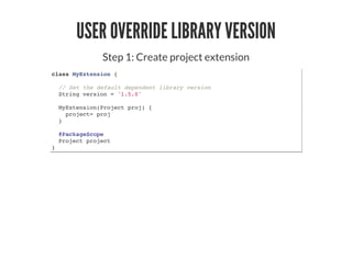 USER OVERRIDE LIBRARY VERSION
Step 1: Create project extension
class MyExtension {
// Set the default dependent library version
String version = '1.5.0'
MyExtension(Project proj) {
project= proj
}
@PackageScope
Project project
}
 