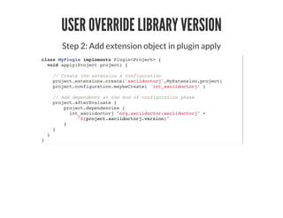 USER OVERRIDE LIBRARY VERSION
Step 2: Add extension object in plugin apply
class MyPlugin implements Plugin<Project> {
void apply(Project project) {
// Create the extension & configuration
project.extensions.create('asciidoctorj',MyExtension,project)
project.configuration.maybeCreate( 'int_asciidoctorj' )
// Add dependency at the end of configuration phase
project.afterEvaluate {
project.dependencies {
int_asciidoctorj "org.asciidoctor:asciidoctorj" +
"${project.asciidoctorj.version}"
}
}
}
}
 