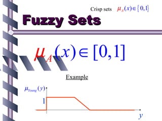 Crisp sets   µ A ( x) ∈ { 0,1}

Fuzzy Sets

     µ A ( x) ∈ [0,1]
               Example
µYoung ( y )

          1
                                                 y
 
