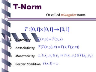 T-Norm
                           Or called triangular norm.


         T :[0,1] × [0,1] → [0,1]
1. Symmetry        T ( x, y ) = T ( y , x )

2. Associativity   T (T ( x, y ), z ) = T ( x, T ( y, z ))

3. Monotonicity    x1 ≤ x2 , y1 ≤ y2 ⇒ T ( x1 , y1 ) ≤ T ( x2 , y2 )

4. Border Condition T ( x,1) = x
 