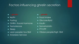 Factors influencing ghrelin secretion
 ↑ ghrelin
 leptin
 Fasting
 GHRH, thyroid hormone
 Testosterone
 Sleep
 Lean people/ low BMI
 Anorexia nervosa
 ↓ ghrelin
 Food intake
 Glucose/lipid
 Insulin
 Somatostatin
 PYY/PP
 Obese people/high BMI
 