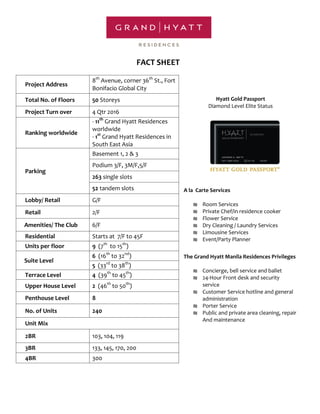 FACT SHEET
Hyatt Gold Passport
Diamond Level Elite Status
A la Carte Services
₪ Room Services
₪ Private Chef/in residence cooker
₪ Flower Service
₪ Dry Cleaning / Laundry Services
₪ Limousine Services
₪ Event/Party Planner
The Grand Hyatt Manila Residences Privileges
₪ Concierge, bell service and ballet
₪ 24-Hour Front desk and security
service
₪ Customer Service hotline and general
administration
₪ Porter Service
₪ Public and private area cleaning, repair
And maintenance
Project Address
8th
Avenue, corner 36th
St., Fort
Bonifacio Global City
Total No. of Floors 50 Storeys
Project Turn over 4 Qtr 2016
Ranking worldwide
- 11th
Grand Hyatt Residences
worldwide
- 1st
Grand Hyatt Residences in
South East Asia
Parking
Basement 1, 2 & 3
Podium 3/F, 3M/F,5/F
263 single slots
52 tandem slots
Lobby/ Retail G/F
Retail 2/F
Amenities/ The Club 6/F
Residential Starts at 7/F to 45F
Units per floor 9 (7th
to 15th
)
Suite Level
6 (16th
to 32nd
)
5 (33rd
to 38th
)
Terrace Level 4 (39th
to 45th
)
Upper House Level 2 (46th
to 50th
)
Penthouse Level 8
No. of Units 240
Unit Mix
2BR 103, 104, 119
3BR 133, 145, 170, 200
4BR 300
 