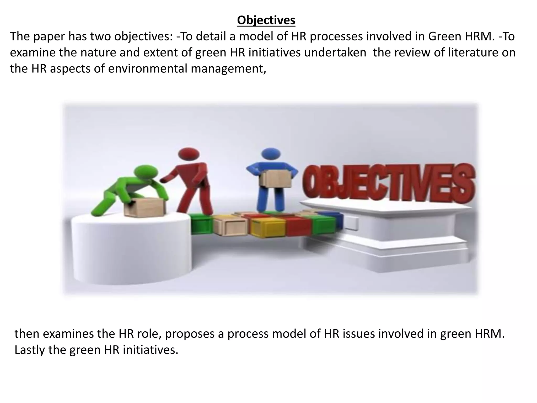 Objectives
The paper has two objectives: -To detail a model of HR processes involved in Green HRM. -To
examine the nature and extent of green HR initiatives undertaken the review of literature on
the HR aspects of environmental management,
then examines the HR role, proposes a process model of HR issues involved in green HRM.
Lastly the green HR initiatives.
 