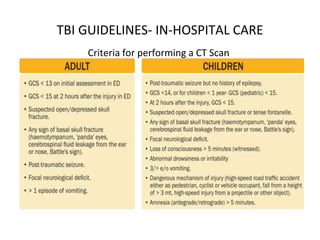 TBI GUIDELINES- IN-HOSPITAL CARE
Criteria for performing a CT Scan
 