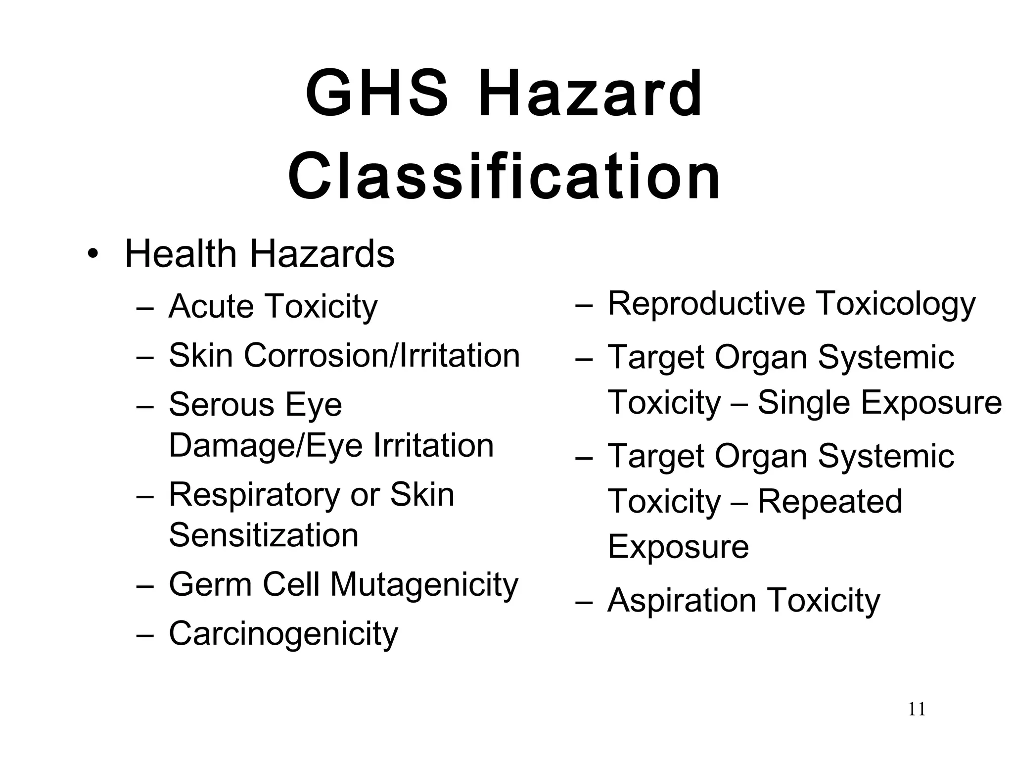 GHS Hazard Classification Health Hazards Acute Toxicity Skin Corrosion/Irritation Serous Eye Damage/Eye Irritation Respiratory or Skin Sensitization Germ Cell Mutagenicity Carcinogenicity Reproductive Toxicology Target Organ Systemic Toxicity – Single Exposure Target Organ Systemic Toxicity – Repeated Exposure Aspiration Toxicity 