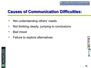 10
Causes of Communication Difficulties:Causes of Communication Difficulties:
• Not understanding others’ needs
• Not thinking clearly, jumping to conclusions
• Bad mood
• Failure to explore alternatives
 