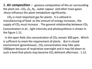 3. Air composition :- gaseous composition of the air surrounding
the plant are ; CO₂ ,O₂ ,N₂ , water vapour and other trace gases
.these influence the plant metabolism significantly .
CO₂ is most important gas for plants . It is utilised in
manufacturing of food .as the amount of energy increases , the
supply of CO₂ must increase . The general relationship between CO₂
Concentration in air , light intensity and photosynthesis is shown in
the figure 1.11.
in the open field ,the concentration of CO₂ remain 300 ppm . Which
is sufficient to meet the requirement of plants . But in closed
environment (greenhouse) , CO₂ concentration may hike upto
1000ppm because of respiration overnight and it may fall down to
such a level that plants may become CO₂ deficient afternoon . 1.12.
 