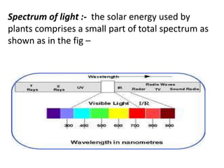 Spectrum of light :- the solar energy used by
plants comprises a small part of total spectrum as
shown as in the fig –
 