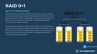 Muitas pessoas confundem o RAID 10 com RAID 0+1, não é a mesma
coisa, pelo contrário, são completamente diferentes. No RAID 0+1 você
tem 2 conjuntos de RAID 0 espelhando um para o outro enquanto no
RAID 10 você tem 2 conjuntos de RAID 1 interligados pelo RAID 0,
confuso? Veja a imagem ao lado.
Muitas pessoas confundem o RAID 10 com RAID 0+1, não é a mesma
coisa, pelo contrário, são completamente diferentes. No RAID 0+1 você
tem 2 conjuntos de RAID 0 espelhando um para o outro enquanto no
RAID 10 você tem 2 conjuntos de RAID 1 interligados pelo RAID 0,
confuso? Veja a imagem abaixo:
RAID 0+1
por Crowdertech
 