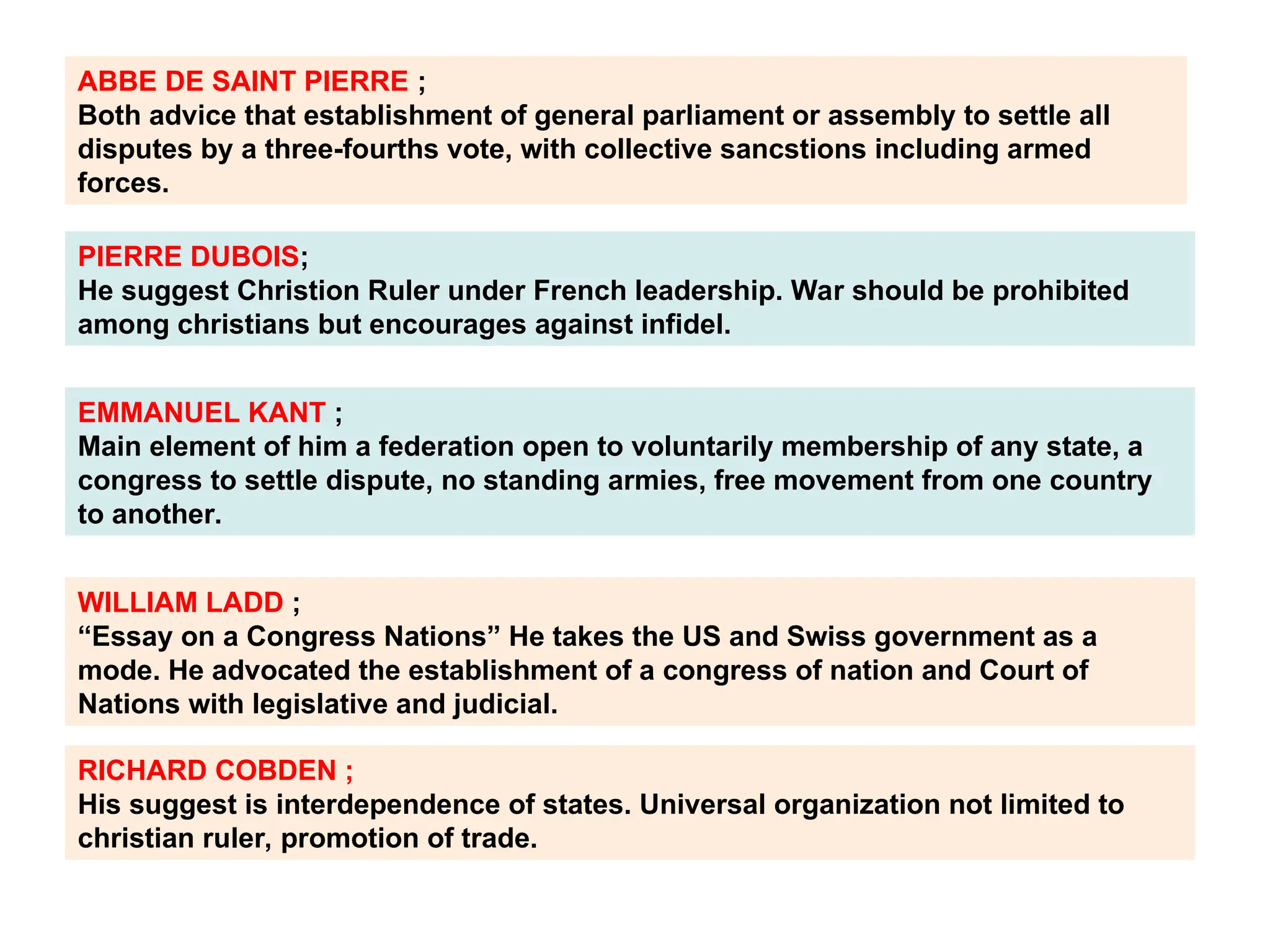 ABBE DE SAINT PIERRE ;
Both advice that establishment of general parliament or assembly to settle all
disputes by a three-fourths vote, with collective sancstions including armed
forces.
EMMANUEL KANT ;
Main element of him a federation open to voluntarily membership of any state, a
congress to settle dispute, no standing armies, free movement from one country
to another.
WILLIAM LADD ;
“Essay on a Congress Nations” He takes the US and Swiss government as a
mode. He advocated the establishment of a congress of nation and Court of
Nations with legislative and judicial.
PIERRE DUBOIS;
He suggest Christion Ruler under French leadership. War should be prohibited
among christians but encourages against infidel.
RICHARD COBDEN ;
His suggest is interdependence of states. Universal organization not limited to
christian ruler, promotion of trade.
 