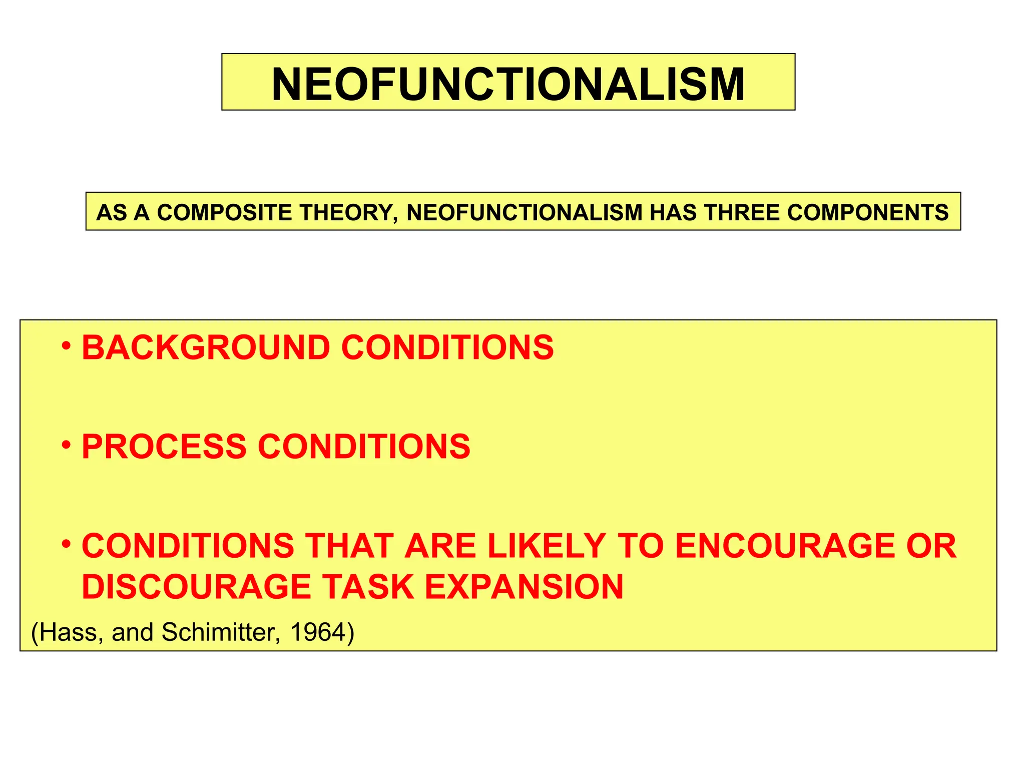 • BACKGROUND CONDITIONS
• PROCESS CONDITIONS
• CONDITIONS THAT ARE LIKELY TO ENCOURAGE OR
DISCOURAGE TASK EXPANSION
NEOFUNCTIONALISM
AS A COMPOSITE THEORY, NEOFUNCTIONALISM HAS THREE COMPONENTS
(Hass, and Schimitter, 1964)
 