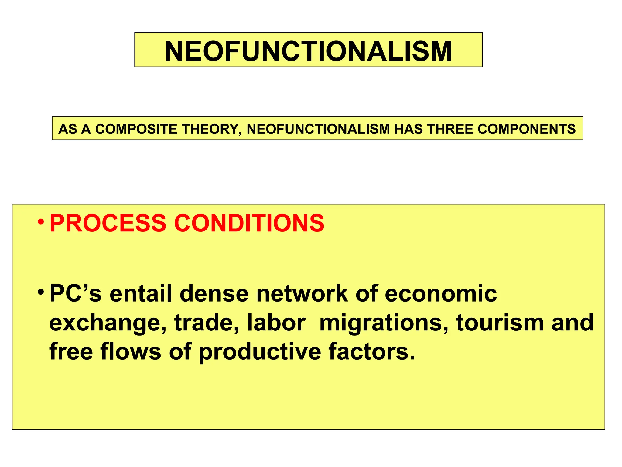 • PROCESS CONDITIONS
• PC’s entail dense network of economic
exchange, trade, labor migrations, tourism and
free flows of productive factors.
NEOFUNCTIONALISM
AS A COMPOSITE THEORY, NEOFUNCTIONALISM HAS THREE COMPONENTS
 