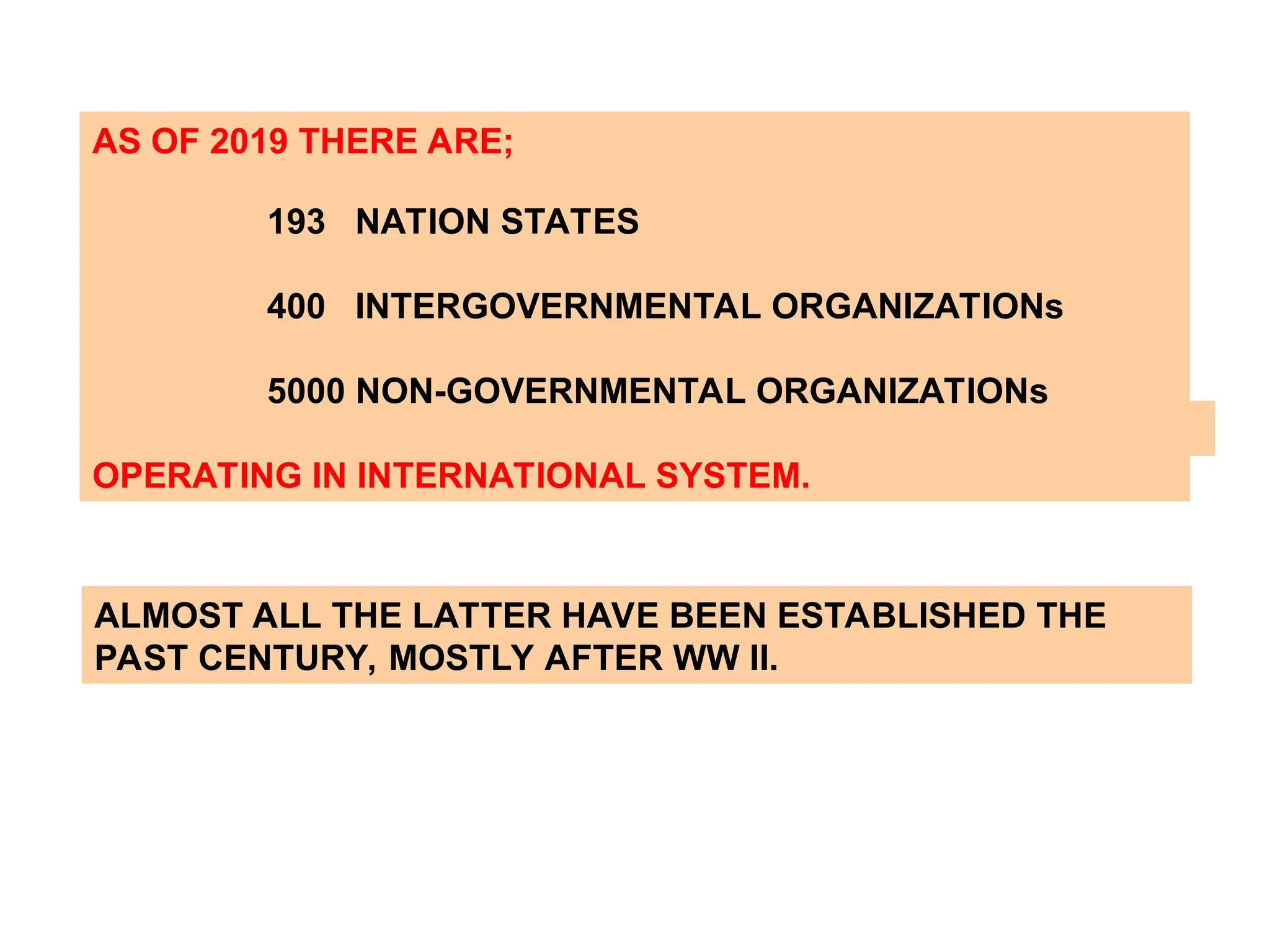 AS OF 2019 THERE ARE;
193 NATION STATES
400 INTERGOVERNMENTAL ORGANIZATIONs
5000 NON-GOVERNMENTAL ORGANIZATIONs
OPERATING IN INTERNATIONAL SYSTEM.
ALMOST ALL THE LATTER HAVE BEEN ESTABLISHED THE
PAST CENTURY, MOSTLY AFTER WW II.
 
