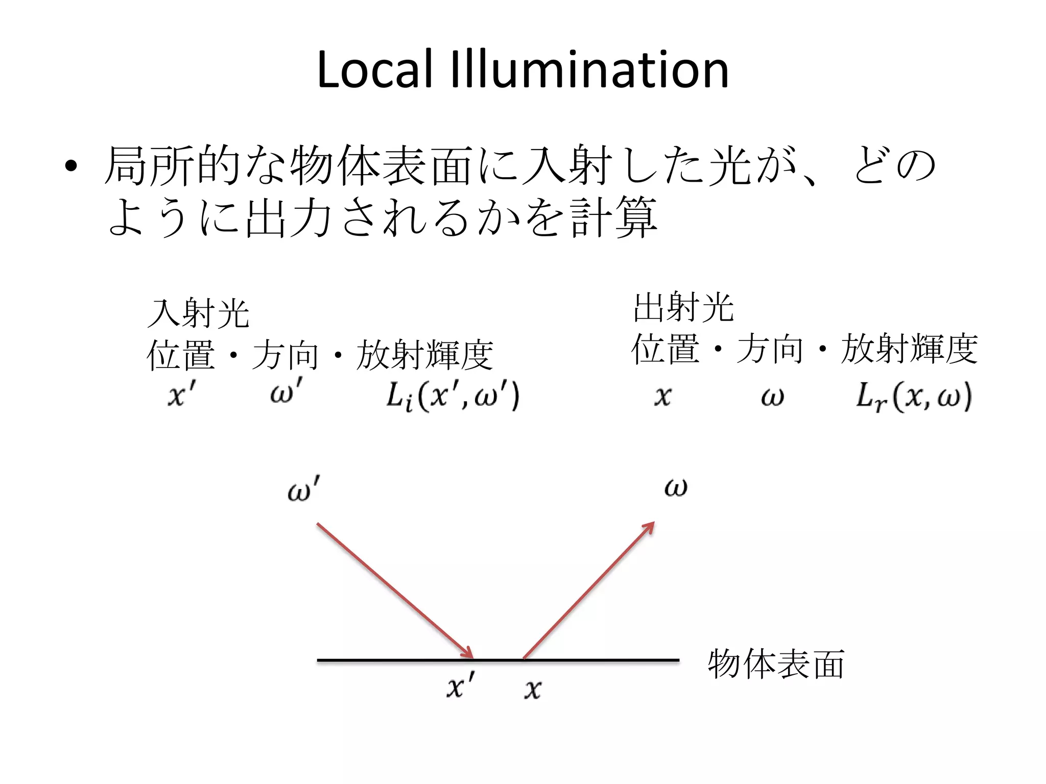 Local Illumination
• 局所的な物体表面に入射した光が、どの
  ように出力されるかを計算
 入射光              出射光
 位置・方向・放射輝度       位置・方向・放射輝度




                     物体表面
 