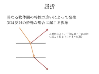 屈折
異なる物体間の特性の違いによって発生
実は反射の特殊な場合に起こる現象

          入射角により、一部反射・一部屈折
          も起こり得る（フレネル反射）
 