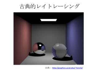 古典的レイトレーシング




    出典： http://graphics.ucsd.edu/~henrik/
 