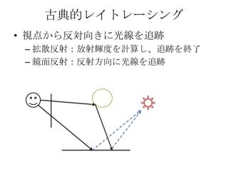 古典的レイトレーシング
• 視点から反対向きに光線を追跡
 – 拡散反射：放射輝度を計算し、追跡を終了
 – 鏡面反射：反射方向に光線を追跡
 
