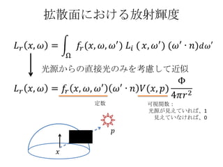 拡散面における放射輝度



光源からの直接光のみを考慮して近似


      定数    可視関数：
            光源が見えていれば、1
             見えていなければ、0
 