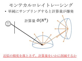 モンテカルロレイトレーシング
• 単純にサンプリングすると計算量が爆発

      計算量




近似の精度を落とさず、計算量をいかに削減するか
 