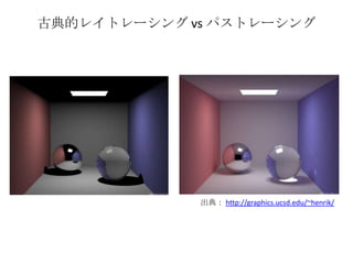 古典的レイトレーシング vs パストレーシング




             出典： http://graphics.ucsd.edu/~henrik/
 