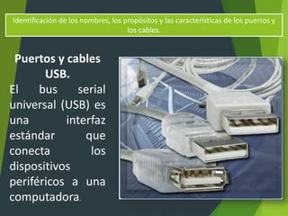 Identificación de los nombres, los propósitos y las características de los puertos y
los cables.
Puertos y cables
USB.
El bus serial
universal (USB) es
una interfaz
estándar que
conecta los
dispositivos
periféricos a una
computadora.
 