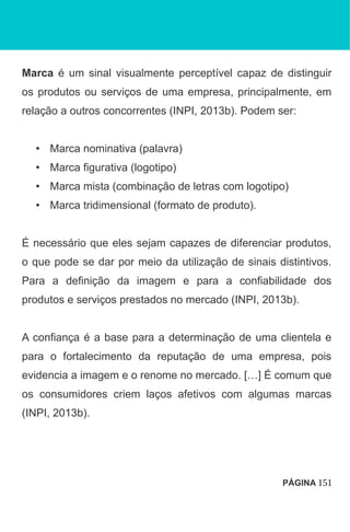 Marca é um sinal visualmente perceptível capaz de distinguir
os produtos ou serviços de uma empresa, principalmente, em
relação a outros concorrentes (INPI, 2013b). Podem ser:
• Marca nominativa (palavra)
• Marca figurativa (logotipo)
• Marca mista (combinação de letras com logotipo)
• Marca tridimensional (formato de produto).
É necessário que eles sejam capazes de diferenciar produtos,
o que pode se dar por meio da utilização de sinais distintivos.
Para a definição da imagem e para a confiabilidade dos
produtos e serviços prestados no mercado (INPI, 2013b).
A confiança é a base para a determinação de uma clientela e
para o fortalecimento da reputação de uma empresa, pois
evidencia a imagem e o renome no mercado. […] É comum que
os consumidores criem laços afetivos com algumas marcas
(INPI, 2013b).
PÁGINA 151
 